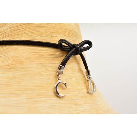 Christian Dior Vintage Bow Choker Necklace Logo CD Charm Black Leather Signed - Picture 11 of 16